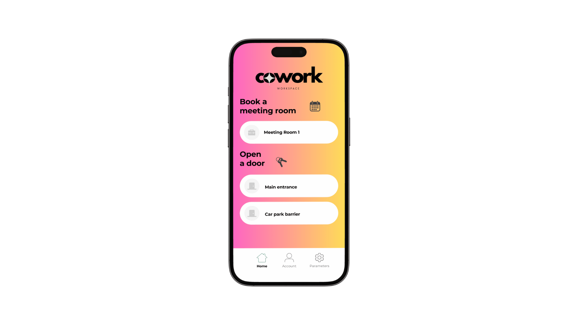 Picture of a smartphone with an example of a coworking application that integrates access control